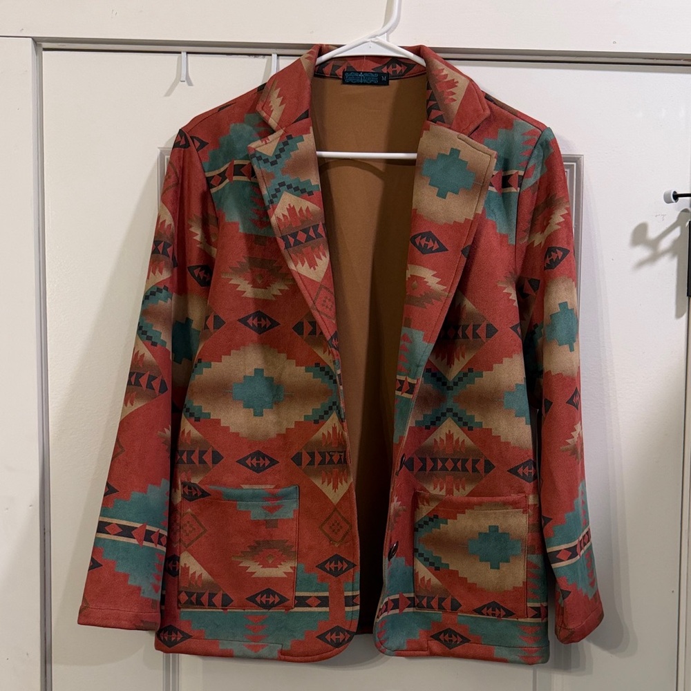 Express Red and Teal Aztec Blazer